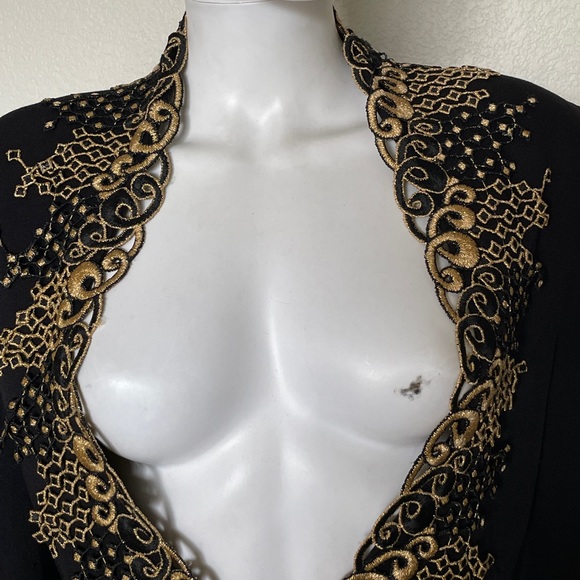 Vintage 90’s Black Gold Long Sleeve Collar appliqué Glam Blazer Jacket CasaDei - Picture 4 of 14